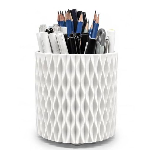 Rotating Pen Pencil Holder for Desk, 5 Slots Unique White Desk Pen Organizer Easthetic Desktop Supplies and Accessories for Women Girls, Pen Cup Pencil Caddy for Office Home Art Supply