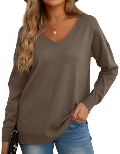 Image of GRECERELLE Women's V Neck Knit Jumper Tops, Dark Khaki, XL