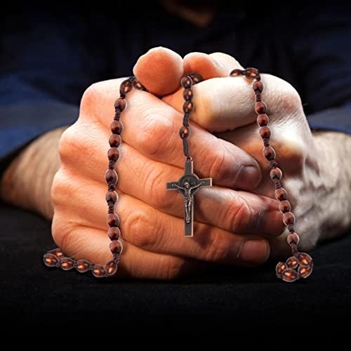 Catholic Cross Rosary Necklace, Natural Wood Prayer Beads with Medal Cross Jesus Christ Saint Benedict, for Catholic Christians Religious Communion, Baptism, Mass, Bible