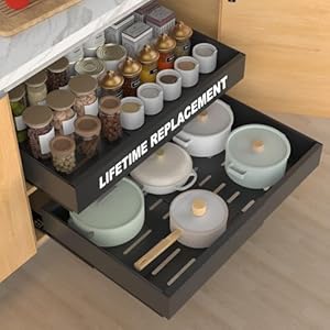 ANTOWIN 2-Pack Expandable Pull Out Cabinet Organizer 21″Deep(12.2″-20.5″W), 3 Full Extension Glides Slide Out Drawers, Roll Out Shelves Adhesive Raising Pad,Compatible Framed Cabinets,90lb Cap,Black