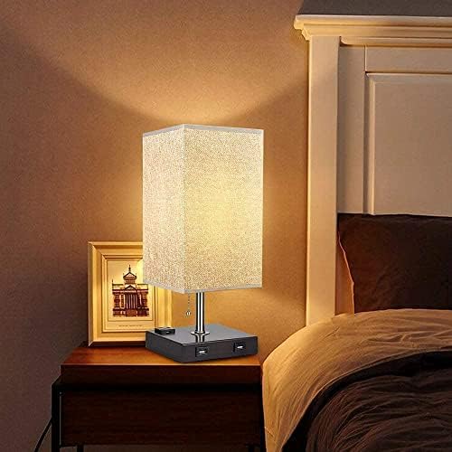 Depuley USB Table Lamp with 2 Charging Ports and AC Outlet, Modern Grey E27 Bedside Lamp, Linen Fabric Shade, Square Bedside Table Lamp for Reading, Study, Bedroom, Living Room, Dorm (5w Bulb incl)