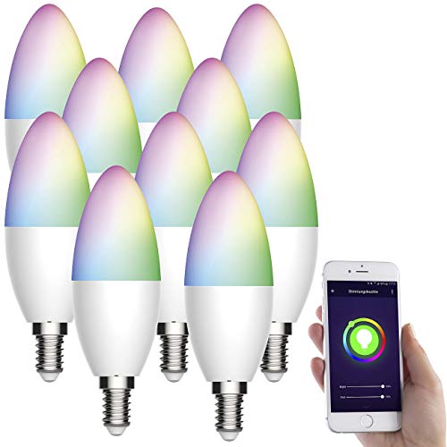 Luminea Home Control Alexa-Leuchtmittel E14: 10er-Set WLAN-LED-Lampe kompatibel mit Amazon Alexa/Google Assistant, E14, 5,5 W (RGB Glühbirne, Smart LED Alexa, Kerzen)
