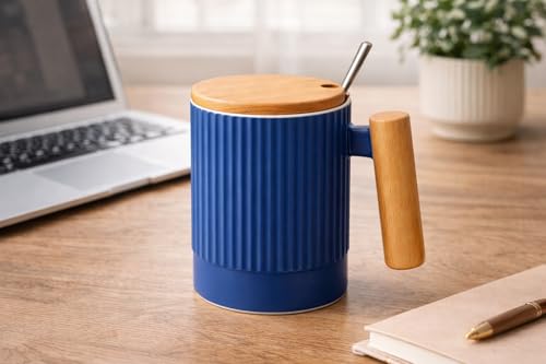 Image of Coffee Mug, Gift for Woman, Birthday Present for Girlfriend, Present for Wife Birthday, Mugs for Present, Holi Gifts, Panda Mug with Lid & Spoon (Fluted Blue)
