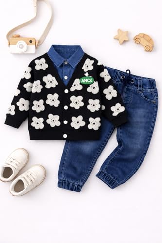 Image of Bold N Elegant Teddy Bear Cartoon Print Cardigan Jacket Attached Shirt & Denim Jeans Pant Winter Party Clothing Set for Boys Girls Kids