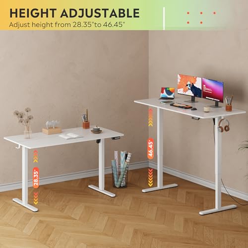 DEVAISE 55 x 28 Inches Electric Standing Desk, Adjustable Height Stand up Desk, 28" Deeper Desktop Sit to Stand Desk with 3 Memory Preset, Adjustable Computer Desk for Home Office (White)