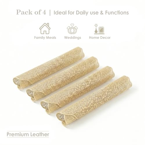 Image of Kuber Industries 4 Pcs Set Leather Side Table Mats | Washable Placemat /Dining Table Mat for Wedding and Family Functions | Patta Design - Golden