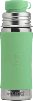 Pura Sport Mini 11oz/325ml Bottle w/Sleeve & Silicone Big Mouth Sport Top - Stainless Steel, Leak-Proof & Spill-Proof for Kids, Toddlers, Preschoolers - Moss