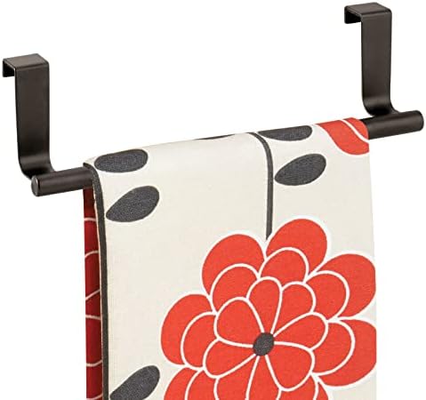 mDesign Metal Over Kitchen Cabinet Door Towel Bar Holder for Hand, Dish, and Tea Towel Rack - Over the Door Towel Bar - Hang on Inside or Outside of Doors - Kitchen Organizer - Omni Collection, Bronze