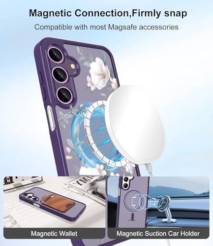 Image of VONZEE Compatible with Samsung Galaxy S25 Plus 5G Case Luxury Retro Flowers Floral Clear for Magnetic Wireless Charging Case Shockproof Case PC+TPU Cute Glossy Shiny Cover for Girls Women, Deep Purple