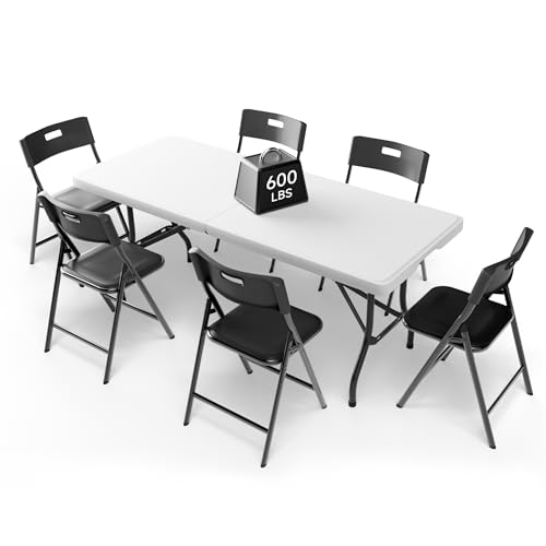 Ortus Collective 6FT Folding Table Set with 6 Folding Chairs, Heavy Duty 330 lbs Table & 330 lbs Chairs, Portable Folding Furniture Bundle for Camping, Party, Indoor & Outdoor Use