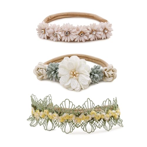 Image of BFNAAgirl Baby Girl Floral Headband Nylon Flower Crown Elastic Hairband 3pcs Hair Accessories Gift for Girls (9571)