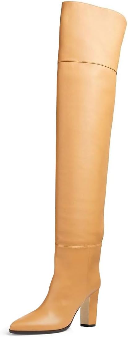 miss left Women Chic Thigh High Boots Closed Pointed Toe Chunky Block High Heel Over The Knee Stretchy Pull On Party Club Shoes Size 4-16 US