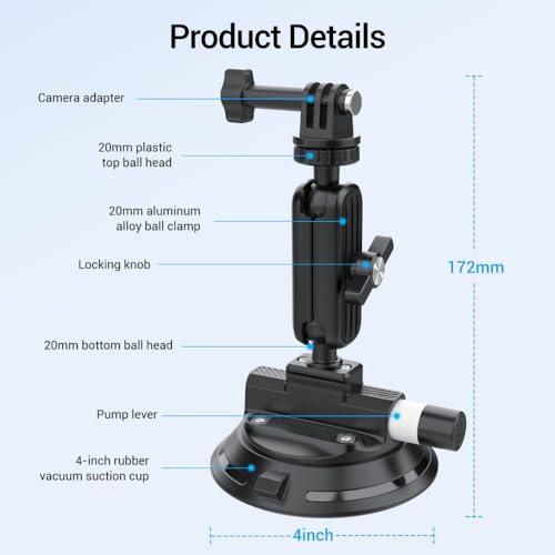 Image of yantralay 360 Rotation Suction Cup Camera Mount with Pump Lock | Heavy Duty Action Camera & Mirrorless Holder for Insta 360 X5 /X4, D JI OS MO Action 6 /5 /4, Go pro Hero 13 /12