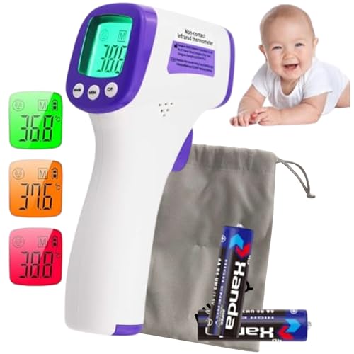 Thermomètre Frontal Sans Contact Infrarouge – Mesure Rapide 1 Seconde – Code Couleur Fièvre – Bébé, Enfant & Adulte – Mémoire 32 – Écran LCD – Piles & Sac Inclus - notice en Français