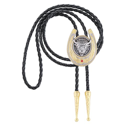 Image of Jeilwiy Bolo Tie for Men, Western Cowboy Golden Longhorn Bull Eagle Horse Cowboy Hat Bolo Necklace Leather Necktie for Women