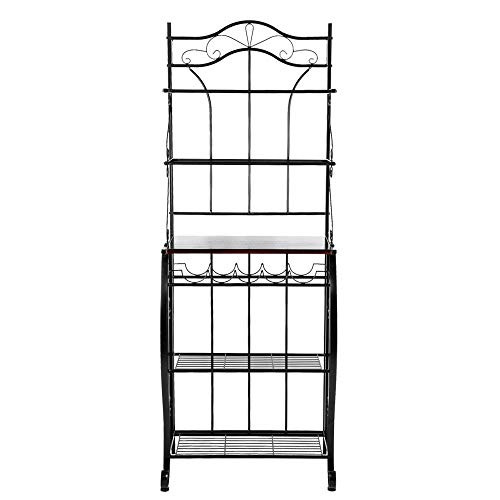 5-Tier Black Metal Cappuccino Finish Shelf Kitchen Bakers Rack Scroll Design With 5 Bottles Wine Storage #TOP3