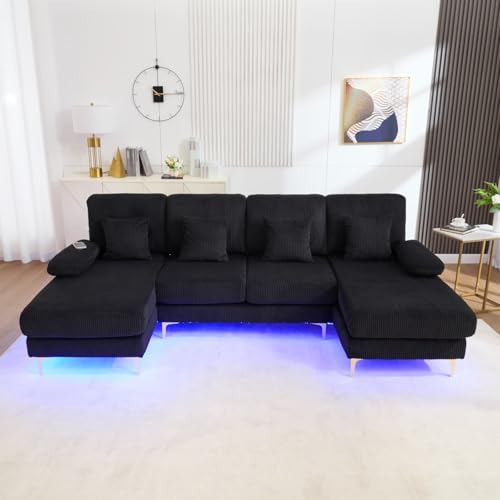 KOMHTOM Canapé d'angle en U 4 Places en Velours Moderne – Canapé Ergonomique LED avec Ports...