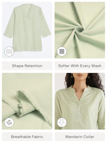 Image of SAADAA Women Short Kurti Airy Linen Regular Fit Kurta with 3 /4th Sleeves, Mandarin Collar, Side Slit Perfect for Casual, Formal, and Ethnic Wear