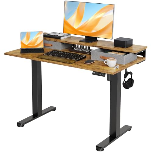 Image of Claiks Electric Standing Desk with 2 Drawers, 48 Inch, Rustic Brown