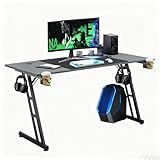 YRHome Gaming Tisch 160 x 60 cm – Stabiler Computertisch mit Getränkehalter, Kabeldurchführungen & Kohlefaser-Oberfläche, Ergonomischer Gamer Schreibtisch für PC & Büro, Schwarz (Ohne LED)
