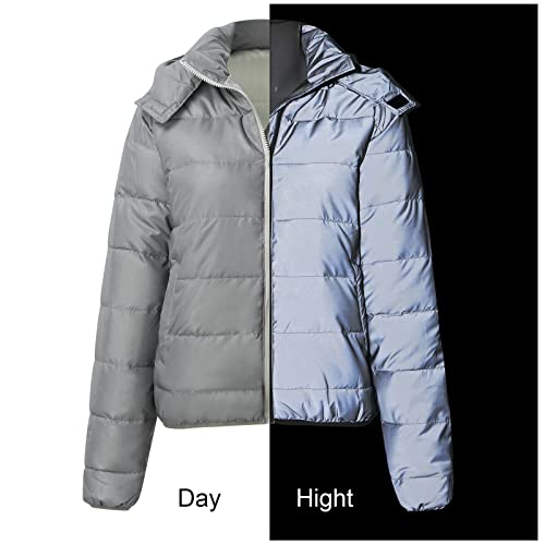 Generisch Damen Winterjacke 52 reflektierende Jacke für Damen Abnehmbarer Kapuzenreißverschluss Warmer Kurzmantel mit Taschen Wadenlanger Mantel Damen (Grey, M)