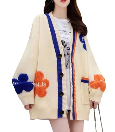 Image of ebossy Women's Cute Daisy Floral Embroidery Cable Knit Cardigan Slouchy Button Down Jacquard Sweater (M, Apricot), Medium