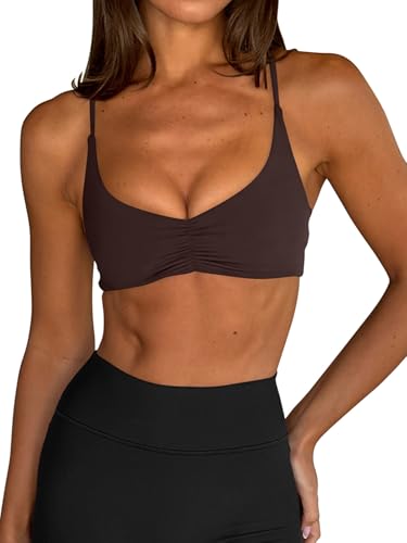LASLULU Womens Brown Sports Bra Sexy Cute Backless Sport Bra Workout Gym Yoga Pilates Bras Tops Clothes Outfits Strappy Padded Sports Bras (Espresso Small)