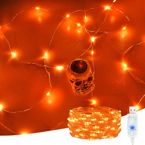 Etopgo USB Orange Fairy Lights 5M/16Ft 50 LED Halloween Orange Lights 8 Lighting Modes Twinkle String Lights for Indoor Outdoor Halloween Autumn Decorations