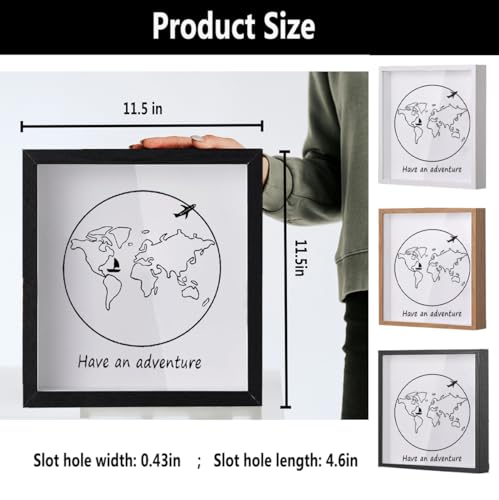 Travel Adventure Archive Shadow Box for Memories, 12x12in Memory Box with Slot on Top for Travel Ticket Stub, Top Loading Travel Memory Box for Keepsake Life in a Shadow Box Travel Frame, Black