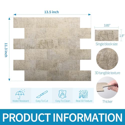 Image of Art3d Peel and Stick Backsplash, Stick on Wall Tile, 10-Pack, Stone Beige
