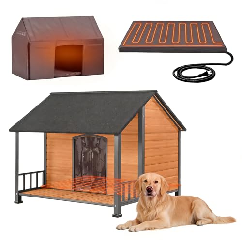 GUTINNEEN Extra Large Heated Outdoor Dog House for Large Breed Dogs, Insulated Dog Kennel with Heater and Liner for Winter Outside, Weatherproof Dog Shelter with Metal Frame, Porch and Raised Base