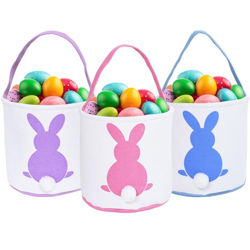 JugntyAc 3 Pcs Easter Bunny Basket Bags for Kids - Canvas Cotton Carrying Gift and Eggs Hunt Bag, Fluffy Tails Printed Rabbit Toys Bucket Tote for Girls & Boys (Pink, Purple, Blue) by JugntyAc - Used condition - US$13.20