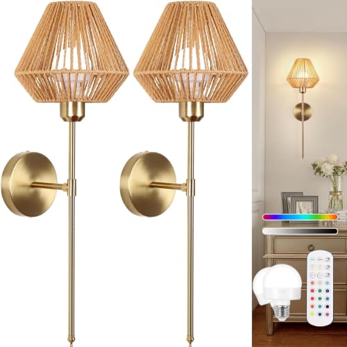 Image of Battery Operated Wall Sconce Set of 2, Rattan Rechargeable Wall Light Dimmable with Remote Control, 15 Color Changing and Timer, Boho Wireless Battery Operated Wall lamps for Bedroom, living room