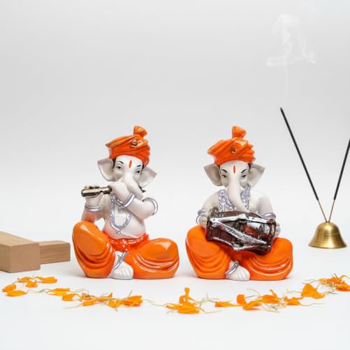 Image of Sitting Ganesha with Musicall Instrumnents Decorative Statue for Home Decor - (Set of 2 Piece, White & Orange)