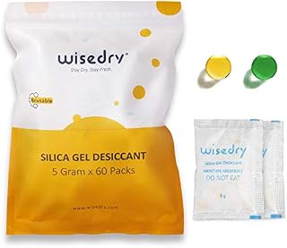 wisedry 5 Gram [60 Packs] Silica Gel Packets Rechargeable Desiccant Pouches with Color