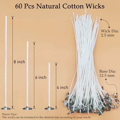 Candle Wick Kit for Candle Making, 60 Pcs Cotton Candle Wicks with Candle Making Tools for Candle DIY, Pre-Waxed by Natural Soy Wax & Tabbed Wicks (4\"+6\"+8\")