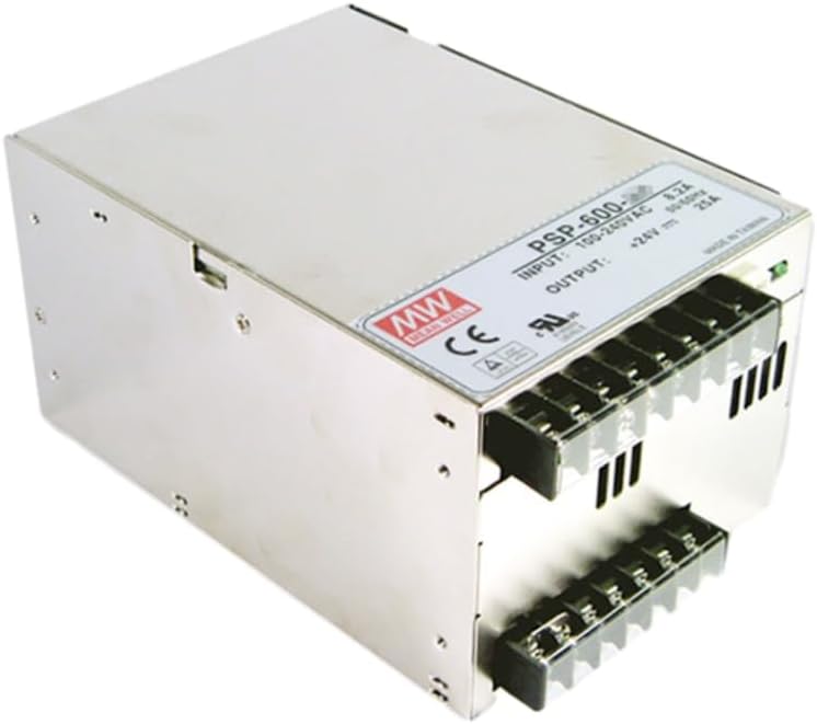 Close-up view of the PSP-600-48 Power Supply terminals, showing input and output connections.