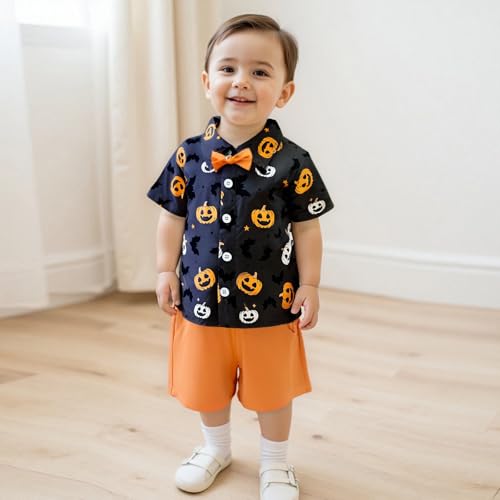 Image of Biayxms Baby Boy Halloween Outfits Pumpkins Gentlemen Suit Short Sleeve Button Up Shirts Shorts Pants Baby Halloween Clothes