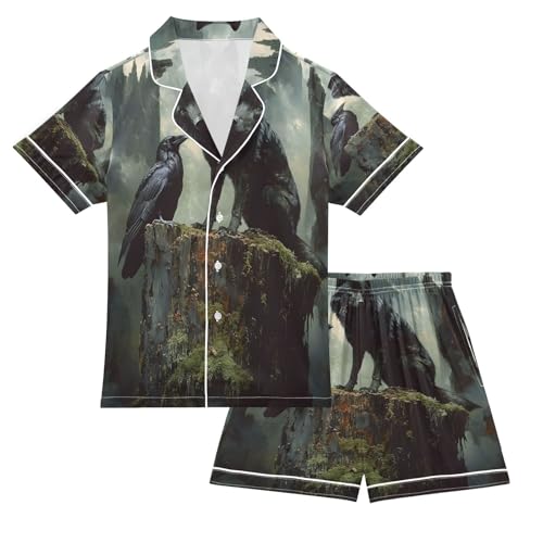 ALAZA Wolf Crow Bird Satin Pajamas Set Short Sleeve Button Down Sleepwear Summer Pjs 2 Piece