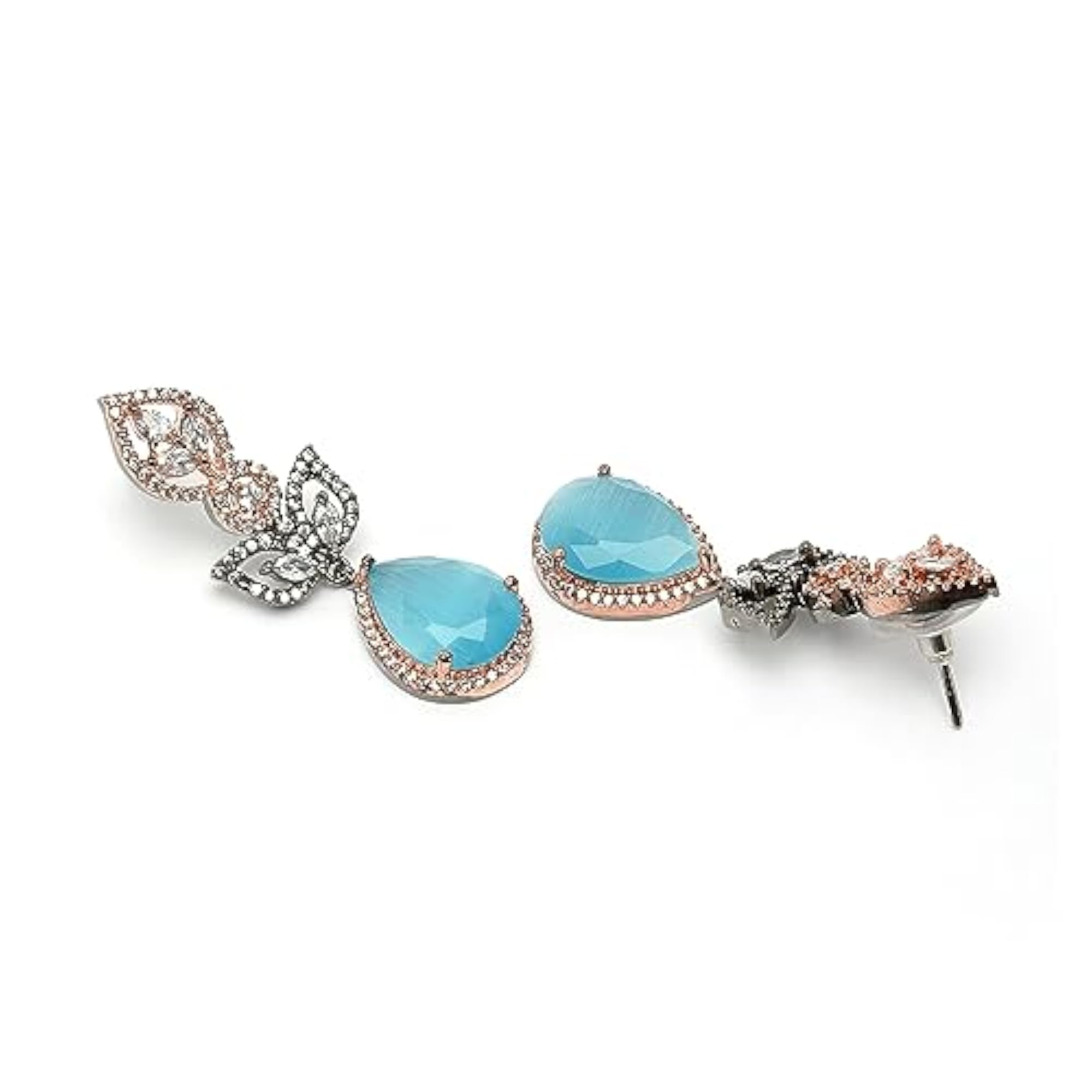 Women's Rose Gold & Oxidised Silver Dual Tone Leaf Teardrop Dangler Earrings