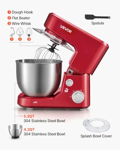 Image of VEVOR 5.3+4.2 Qt Tilt Head Stand Mixer 400W Electric Dough Mixer, 3 Speeds Food Kitchen Mixer with Stainless Steel Bowl, Splash Guard, Dough Hook, Whisk, Beater, for Baking Mixing Whipping