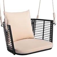 FANTASK Hängesitz mit Hängeseilen & Kissens & Metallrahmen, Hängesessel Rattan, Hängestuhl, Schaukelsessel bis 180kg belastbar, Schaukelstuhl für Veranda Garten Hinterhof (Beige)