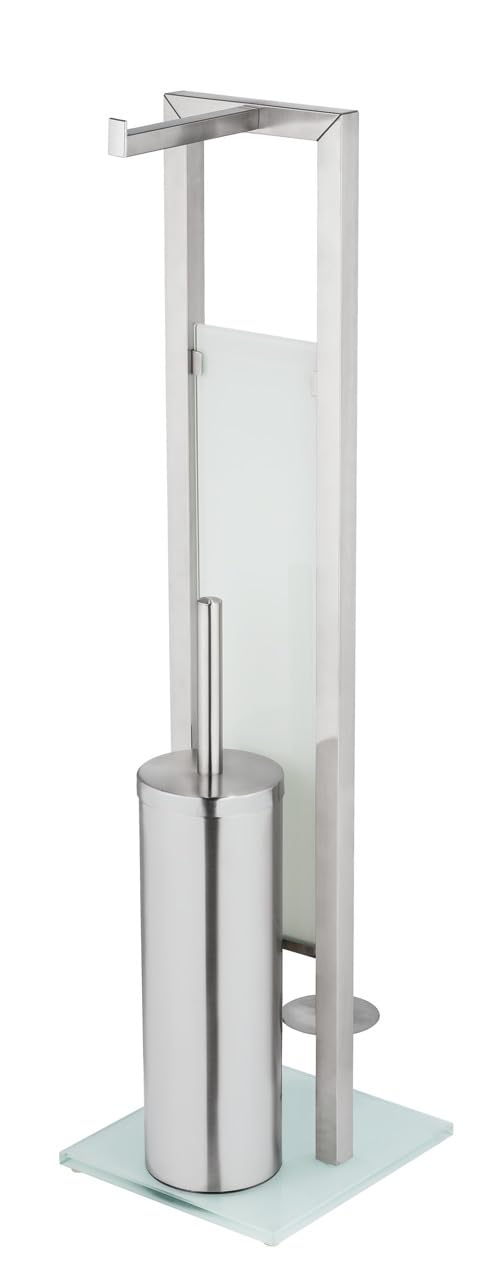 WENKO Combiné WC Rivalta | 3 en 1| Brosse WC fermée et Dérouleur Papier Toilette | Stockage Papier | Tête de Brosse remplaçable | Acier INOX Noir et Verre trempé Noir| 18x70x23 cm | Argent Mat