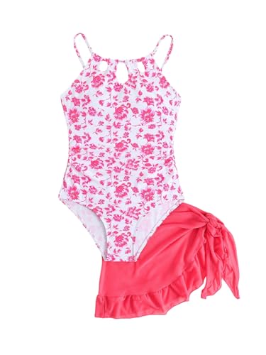 Image of Milumia Girl's Floral One Piece Swimsuit Spaghetti Strap Swimwear with Cover Up Skirts