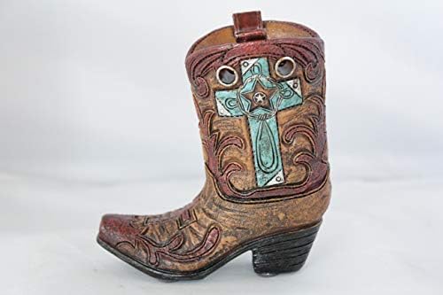 Rain bow Mini Western Rustic Hand Tooled Leather Look Cross Cowboy Cowgirl Boot Vase Toothpick Pen Holder Home Office Decoration
