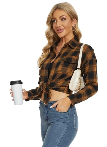 Image of Fourindo Womens Plaid Shirt Ladies Cotton Tops Button Down Long Sleeve Womens Oversize Boyfriend Shirts Casual Flannel Checked Shirt with Pocket