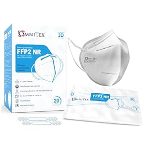 Omnitex FFP2 Face Mask – Box of 20, Individually Wrapped | High Filtration – 5 Layers | EN149 CE Certified | Hypoallergenic | Fluid Resistant | Ear Loops & Adaptable Nose Bridge | 5X Extenders