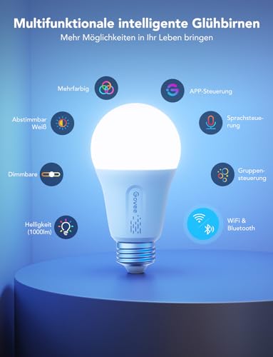 Govee Smart Glühbirne E27, 1000LM RGBWW Lamp App dimmbar, Wi-Fi & Bluetooth Smart Bulbs 9W, 54 Szenen, 16 Millionen DIY-Farben, Kompatibel mit SmartThings, Matter, Alexa und Google Assistant, 1 Stück