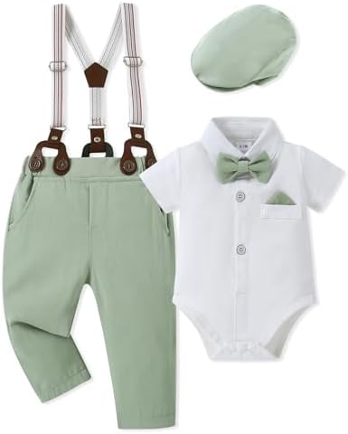 WESIDOM Baby Boy Clothes Suit 0-24M Infant Gentleman Wedding Outfit, Shirt+Bowtie+Beret+Suspender Pants Clothing Set