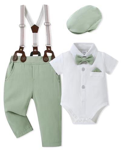 WESIDOM Baby Boy Clothes Suit 0-24M Infant Gentleman Wedding Outfit, Shirt+Bowtie+Beret+Suspender Pants Clothing Set